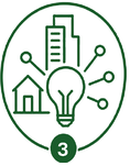 Lightbulb, buildings and connected nodes representing innovation, business and economic growth.