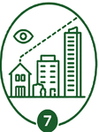 Buildings and streetscape representing urban design and development density.