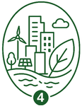 Buildings, wind turbine and nature symbolising sustainability and environmental action.