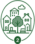 Houses, trees and benches representing neighbourhoods and community spaces.